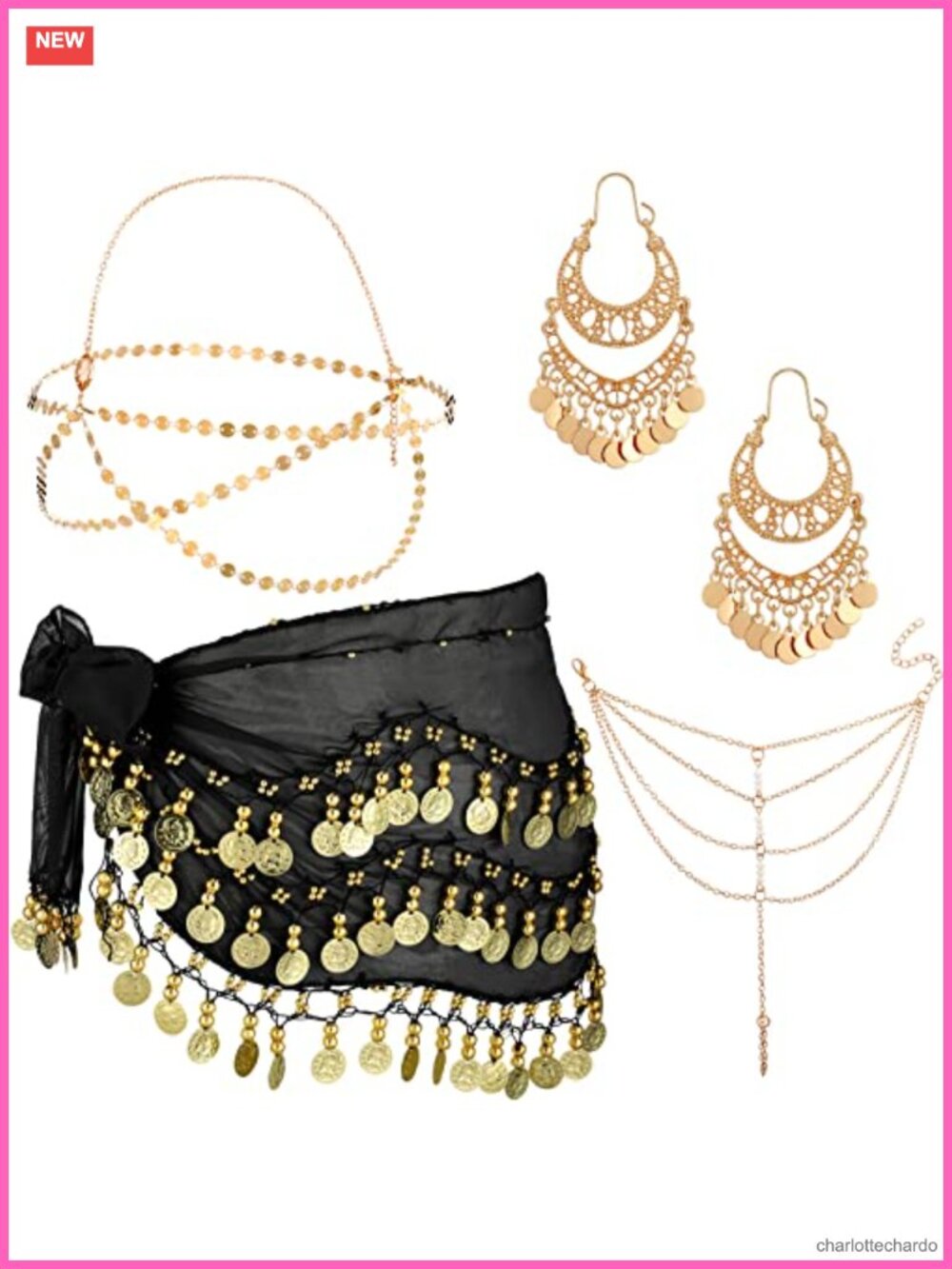 Gypsy Costume Accessory Set Gold Coin Hip Scarf Headpiece Earrings Bracelet
